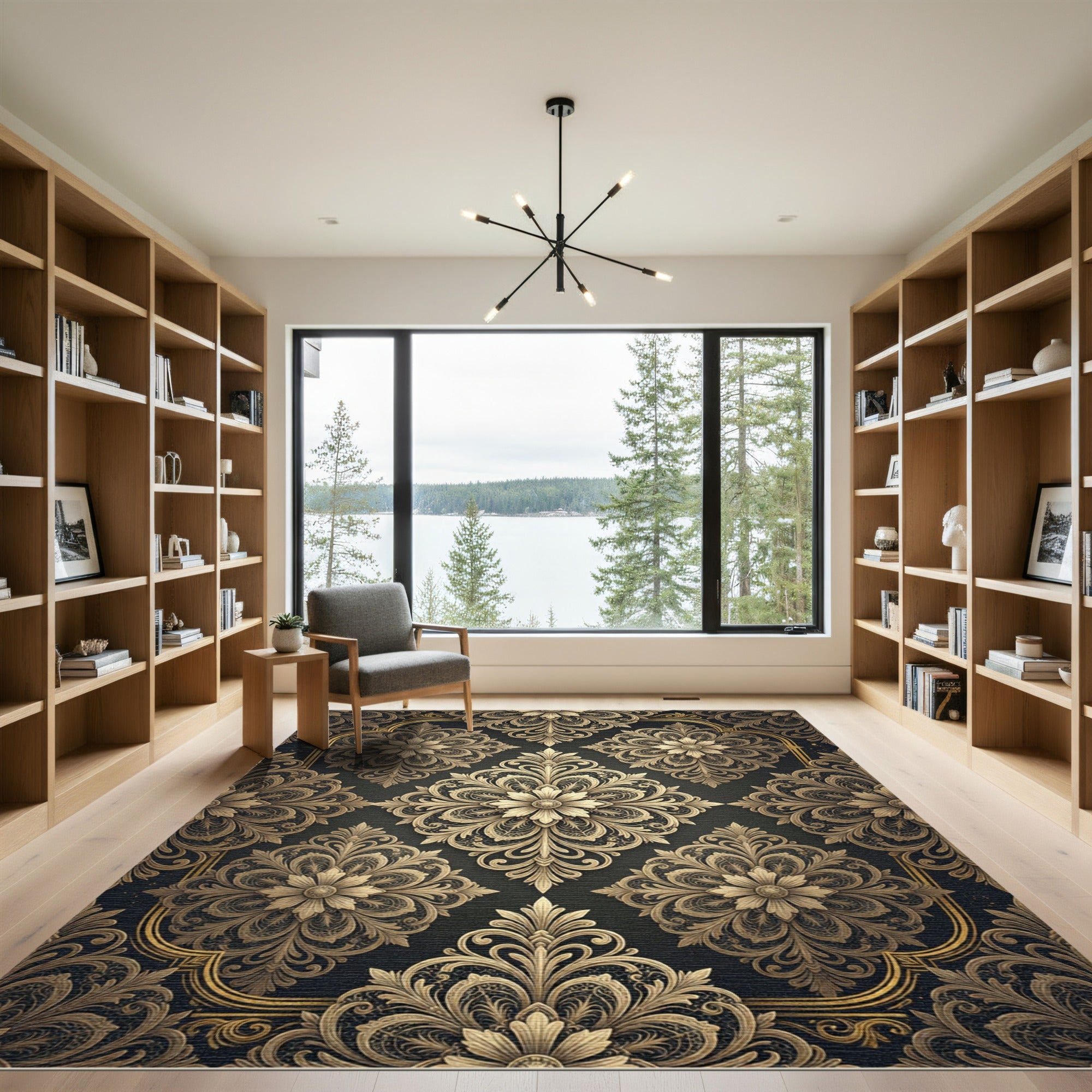 Ornate Gold Damask Charcoal Medallion Rug