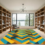 Geometric Teal and Gold Chevron Rug