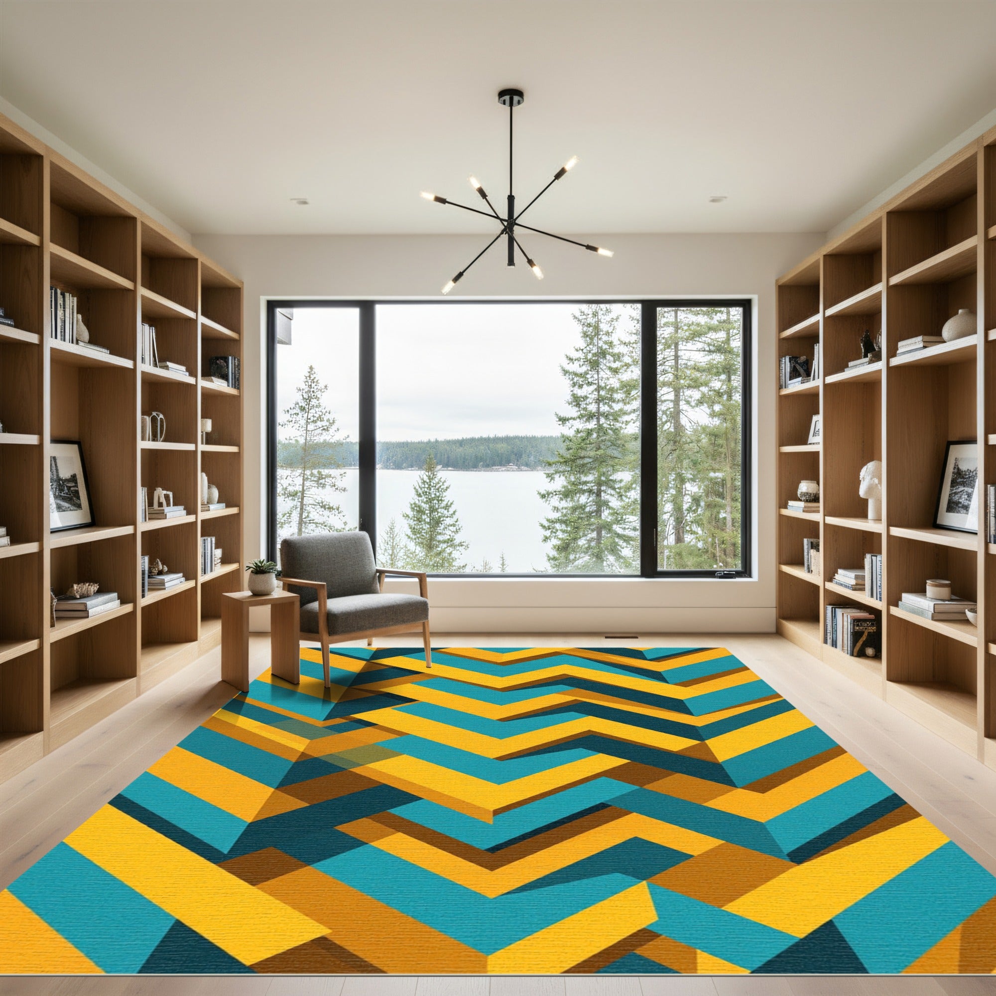 Geometric Teal and Gold Chevron Rug