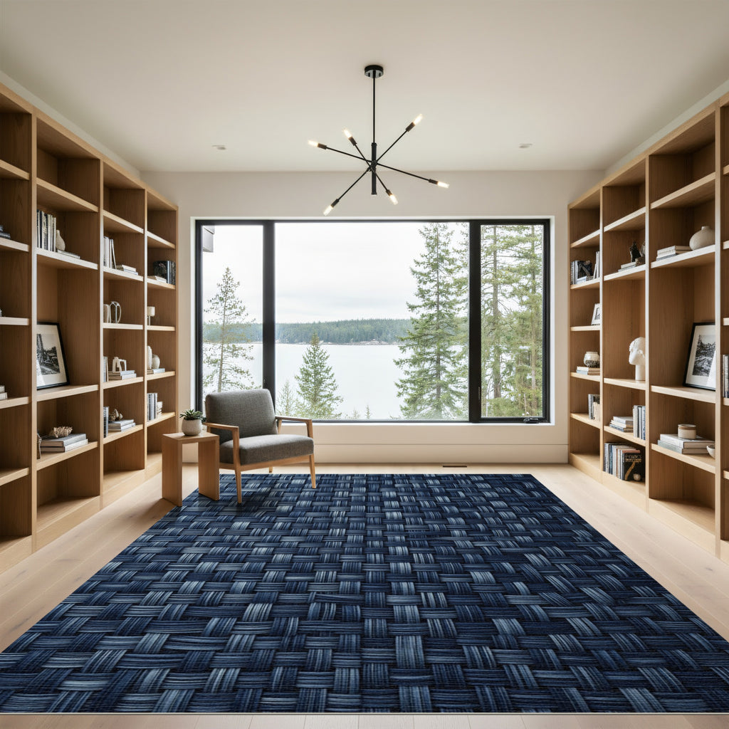 Textured Midnight Blue Woven Grid Rug
