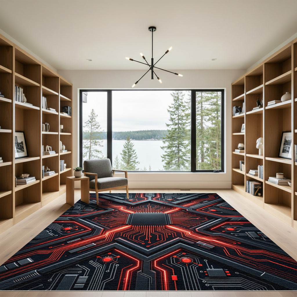 Cybernetic Red Circuit Neon Abstract Rug