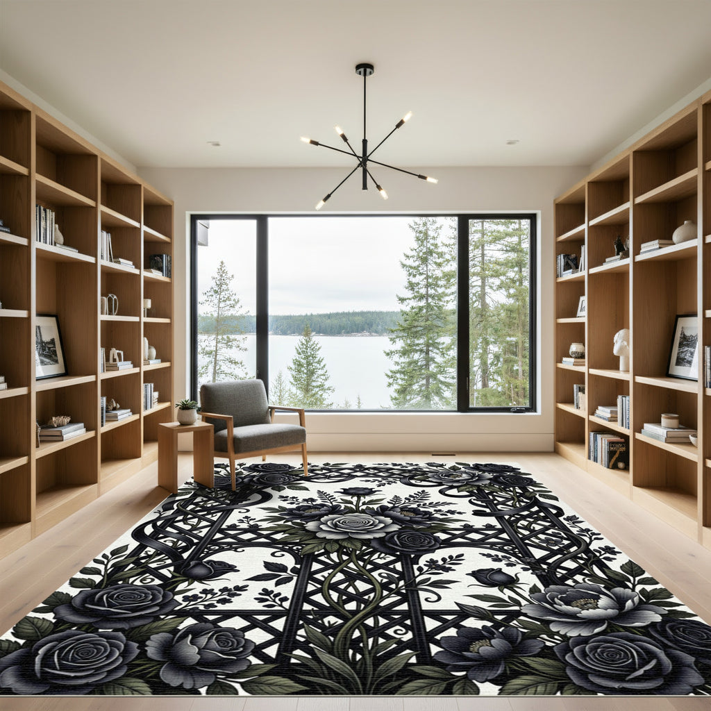 Gothic Black Rose Garden Lattice Rug
