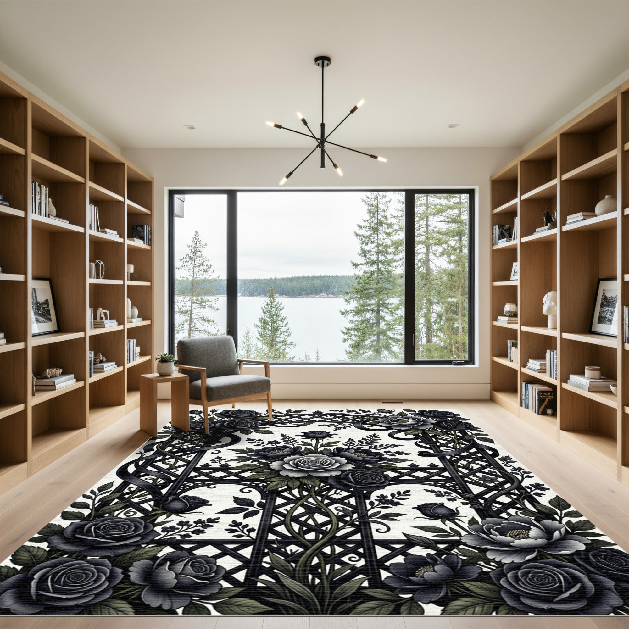 Gothic Black Rose Garden Lattice Rug