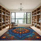 Ornate Golden Sun Blue Floral Mandala Rug