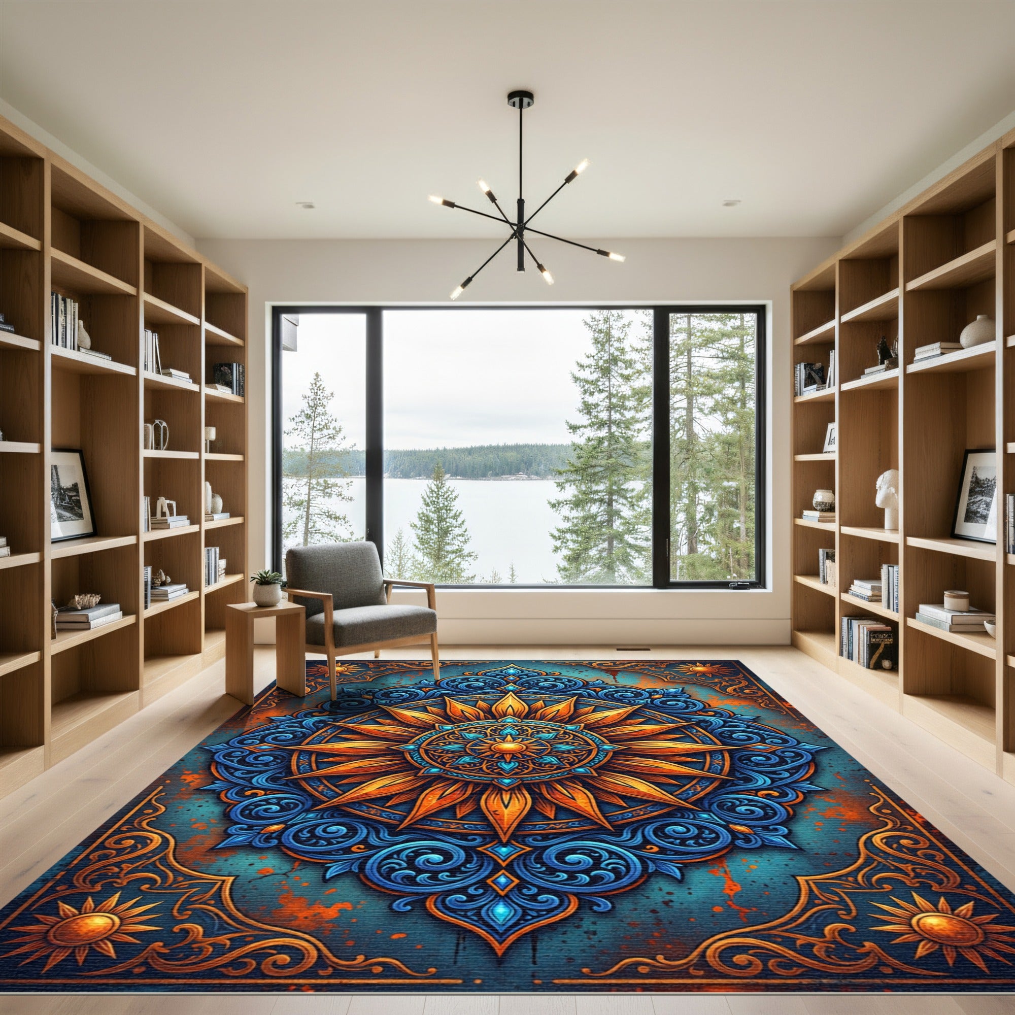 Ornate Golden Sun Blue Floral Mandala Rug