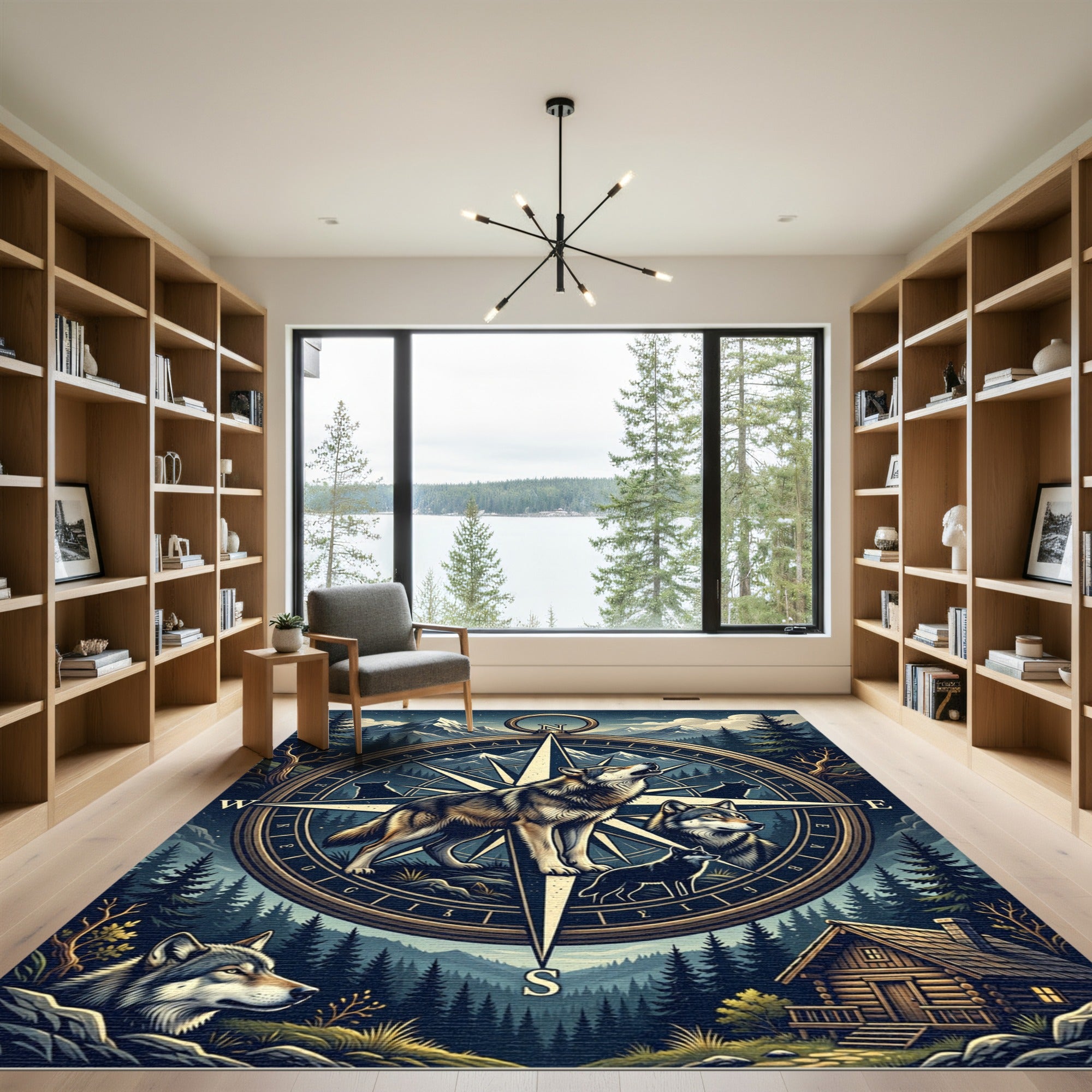 Howling Wolf Compass Mountain Art Rug