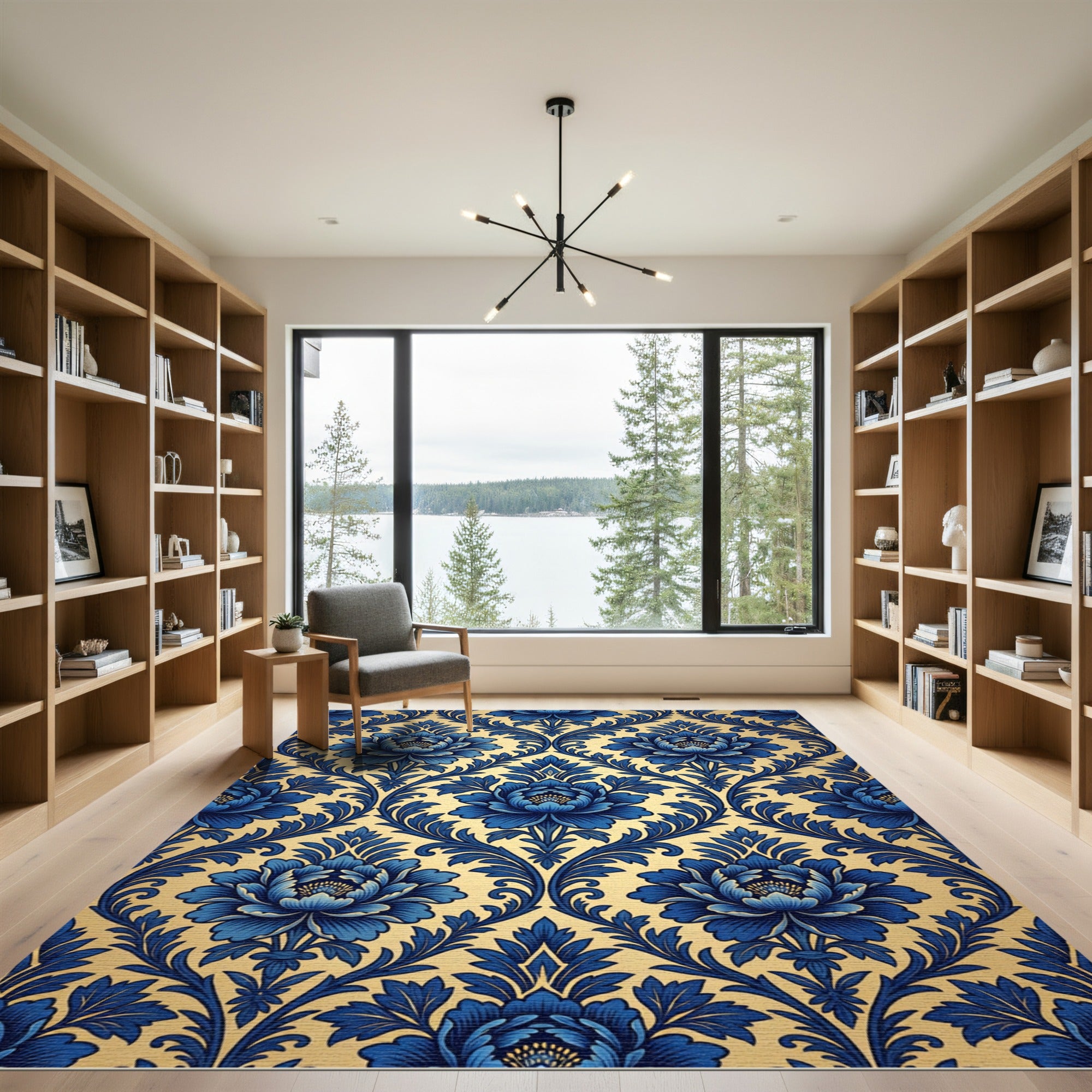 Cobalt Blue Floral Scroll Damask Rug
