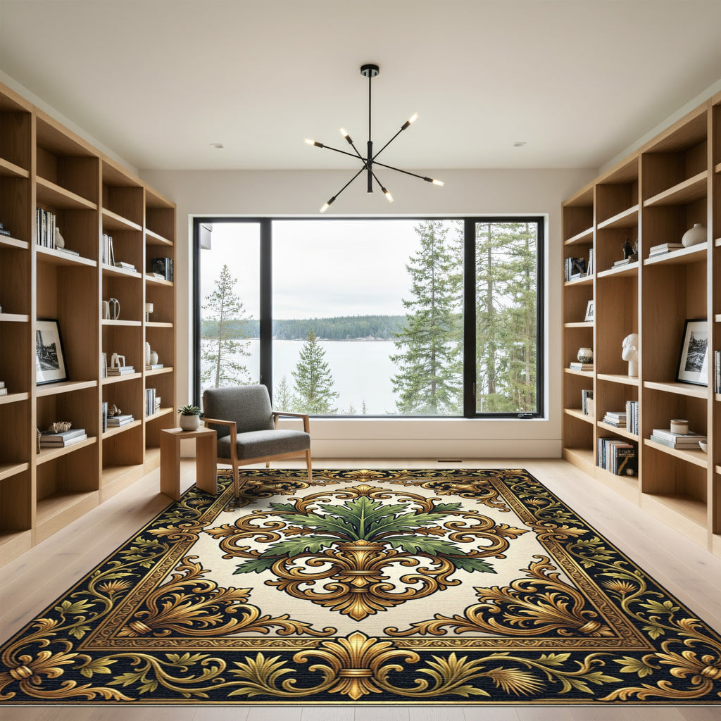 Ornate Gold Acanthus Leaf Foliage Medallion Rug