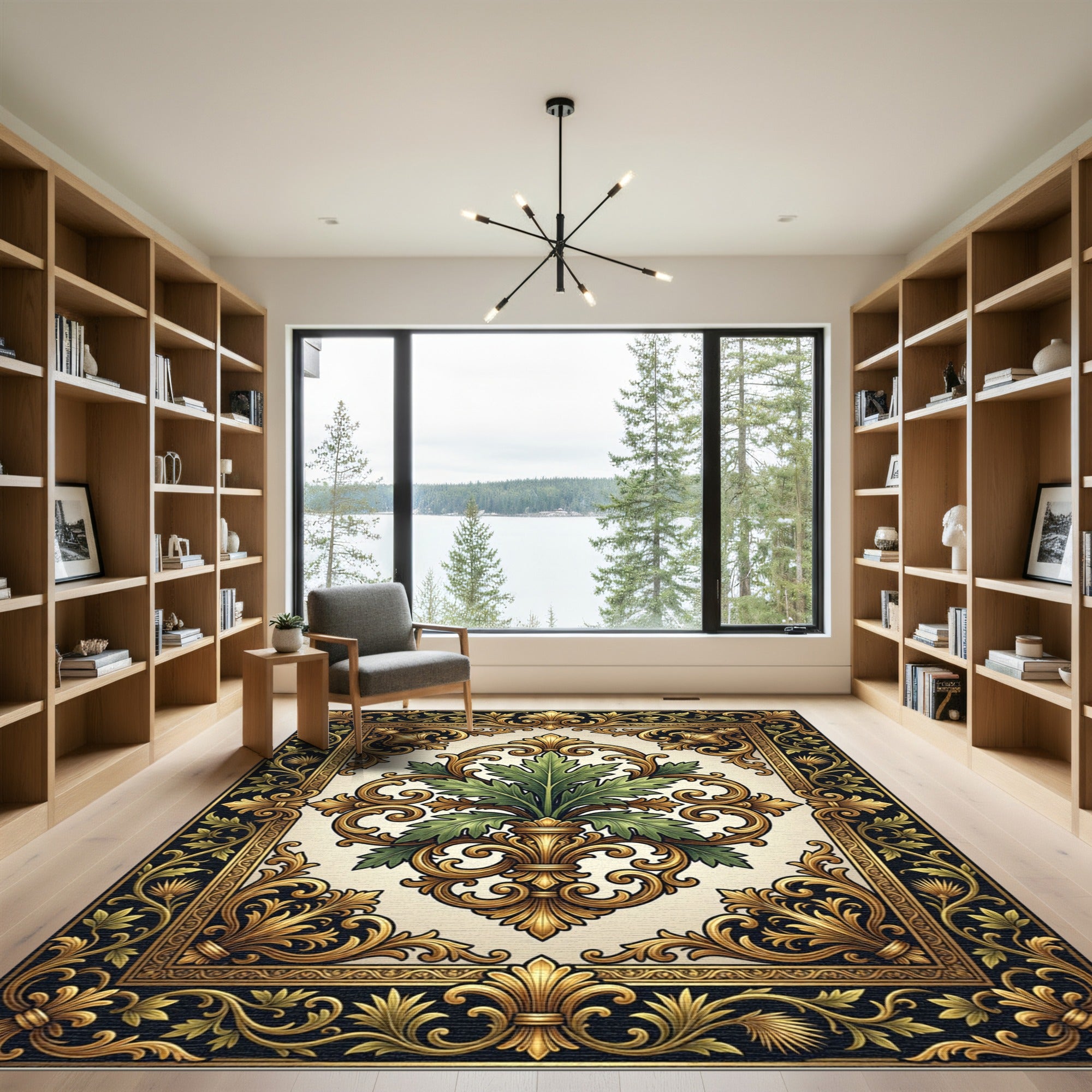 Ornate Gold Acanthus Leaf Foliage Medallion Rug