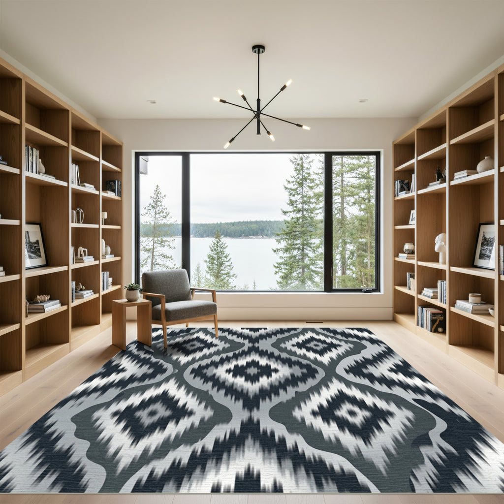 Monochrome Abstract Ikat Diamond Jacquard Rug