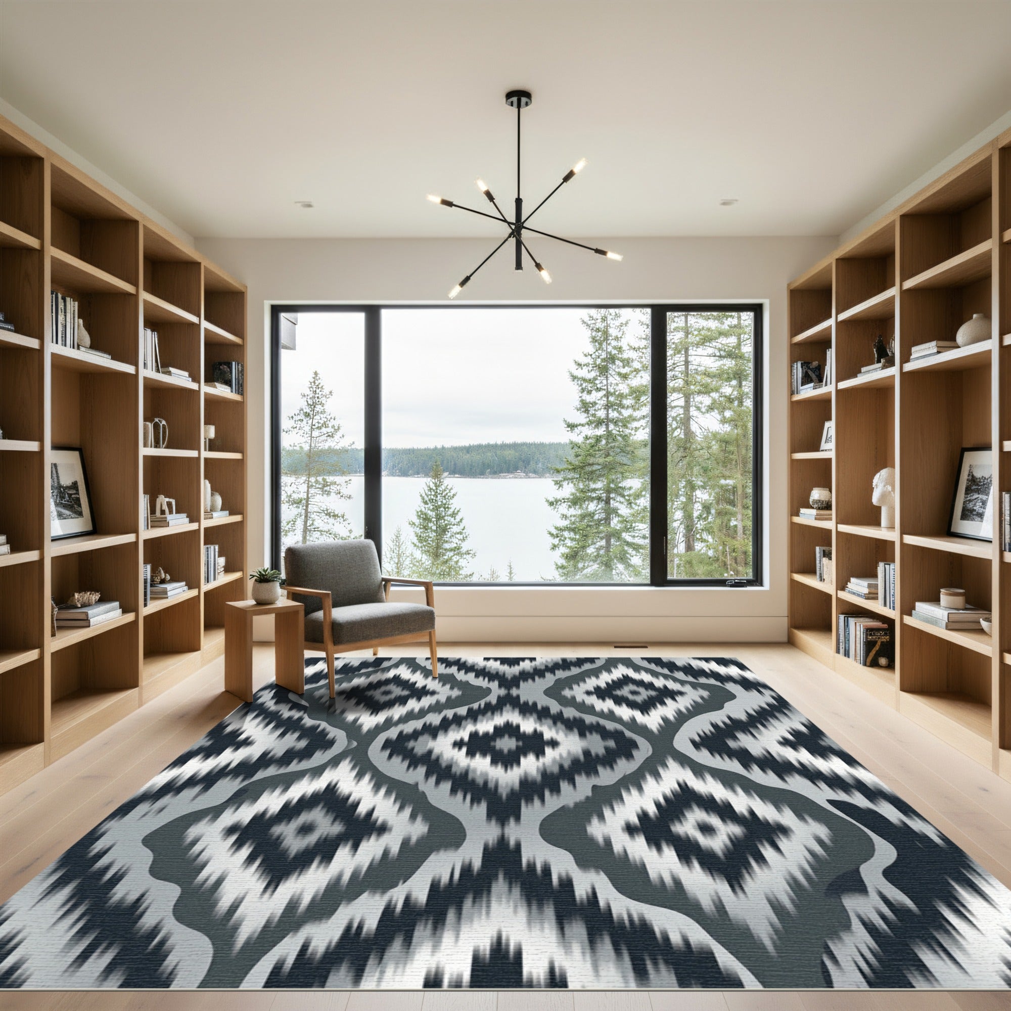 Monochrome Abstract Ikat Diamond Jacquard Rug