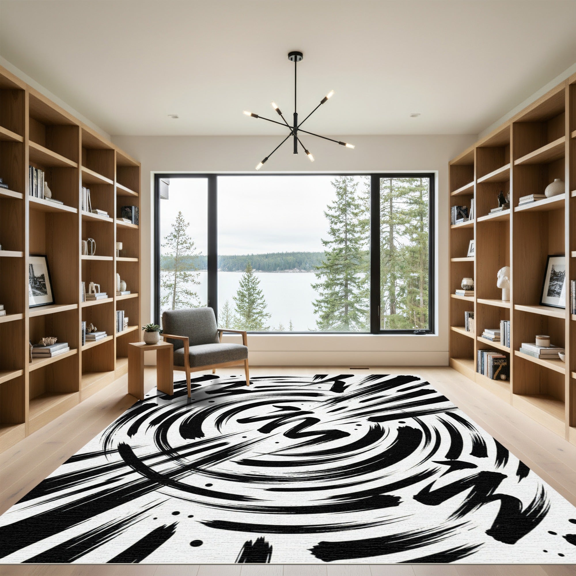 Bold Black Brushstroke Swirl Rug