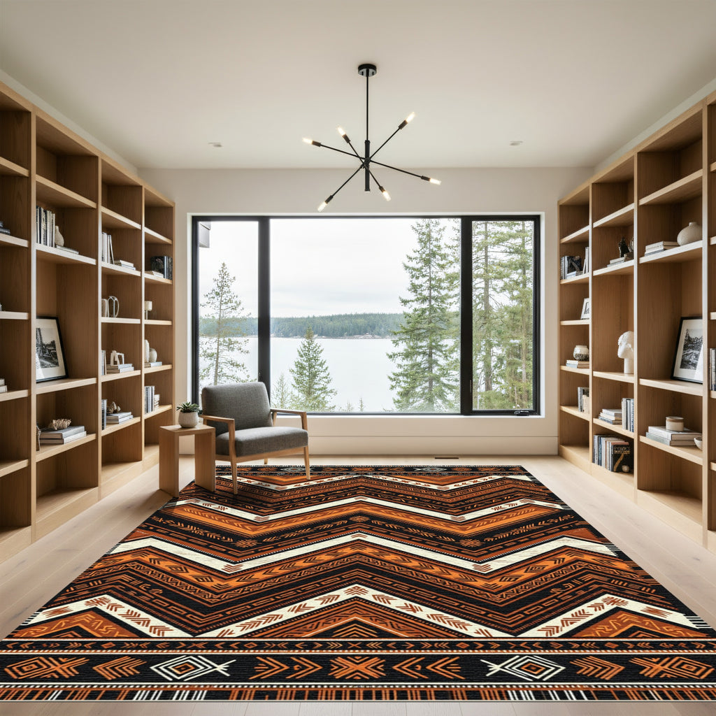 Earthy Copper Chevron Tribal Geometric Rug