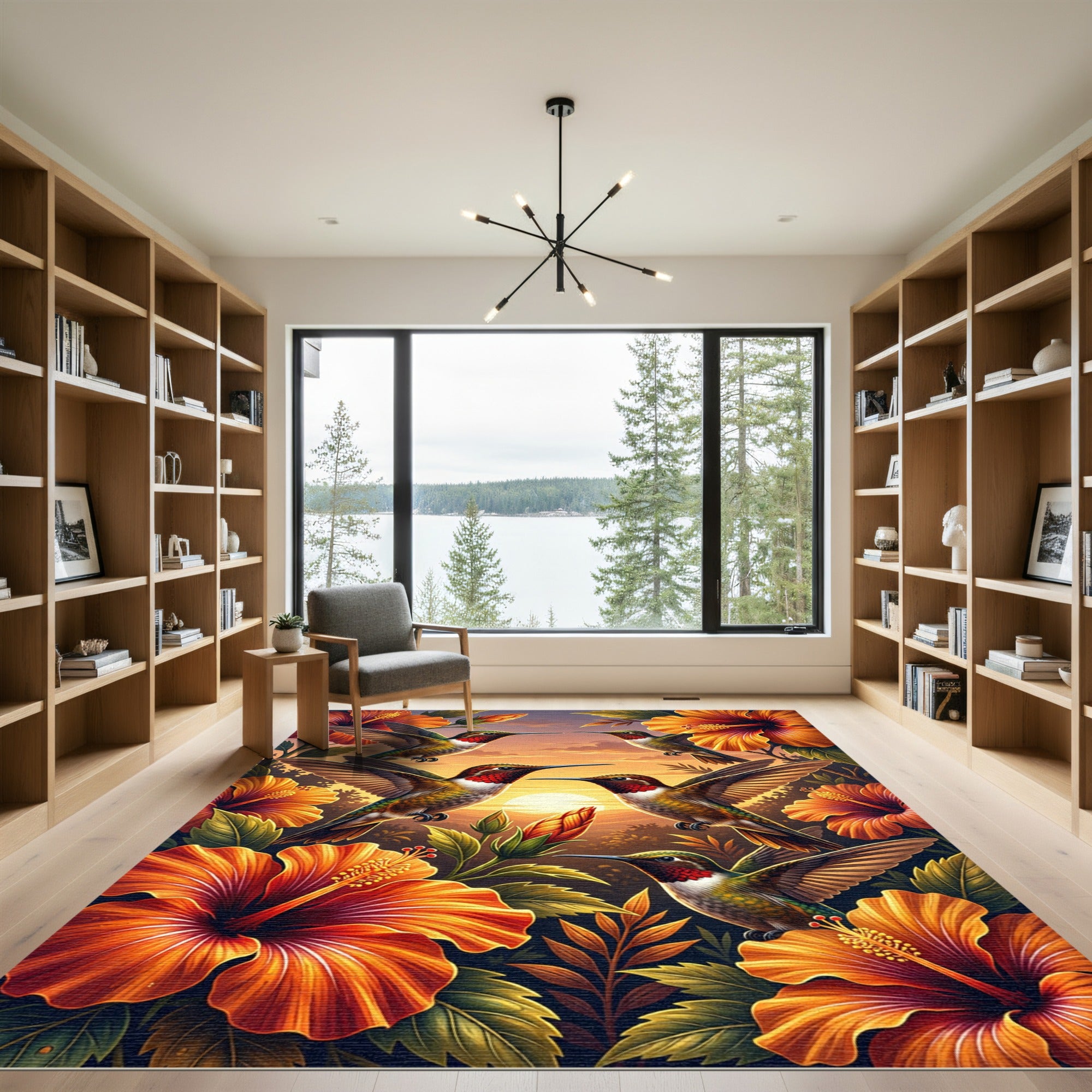 Vibrant Sunset Hummingbird Floral Art Rug