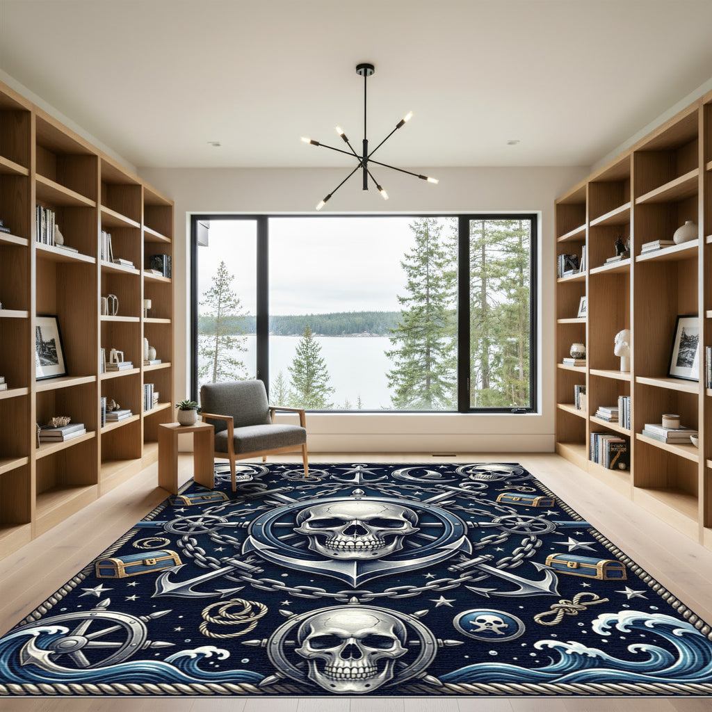 Gothic Nautical Skull Anchor Navy Rug