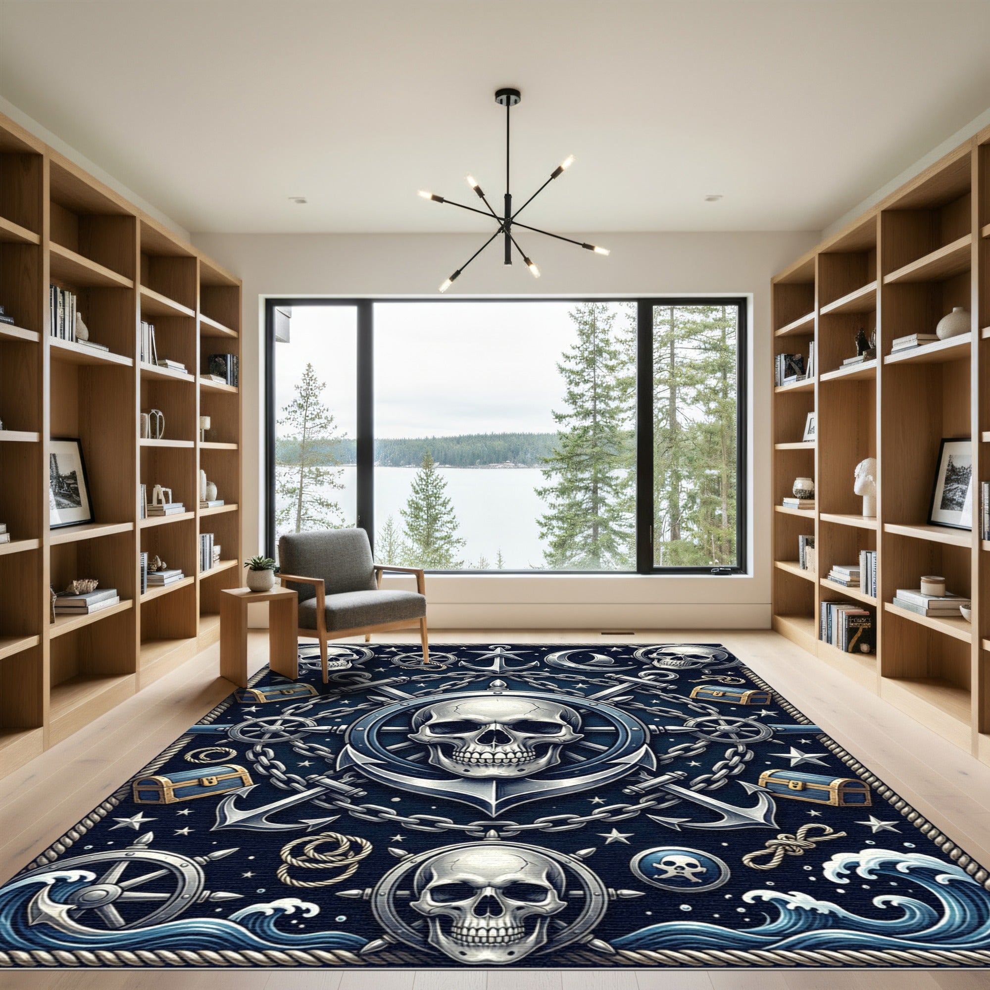 Gothic Nautical Skull Anchor Navy Rug