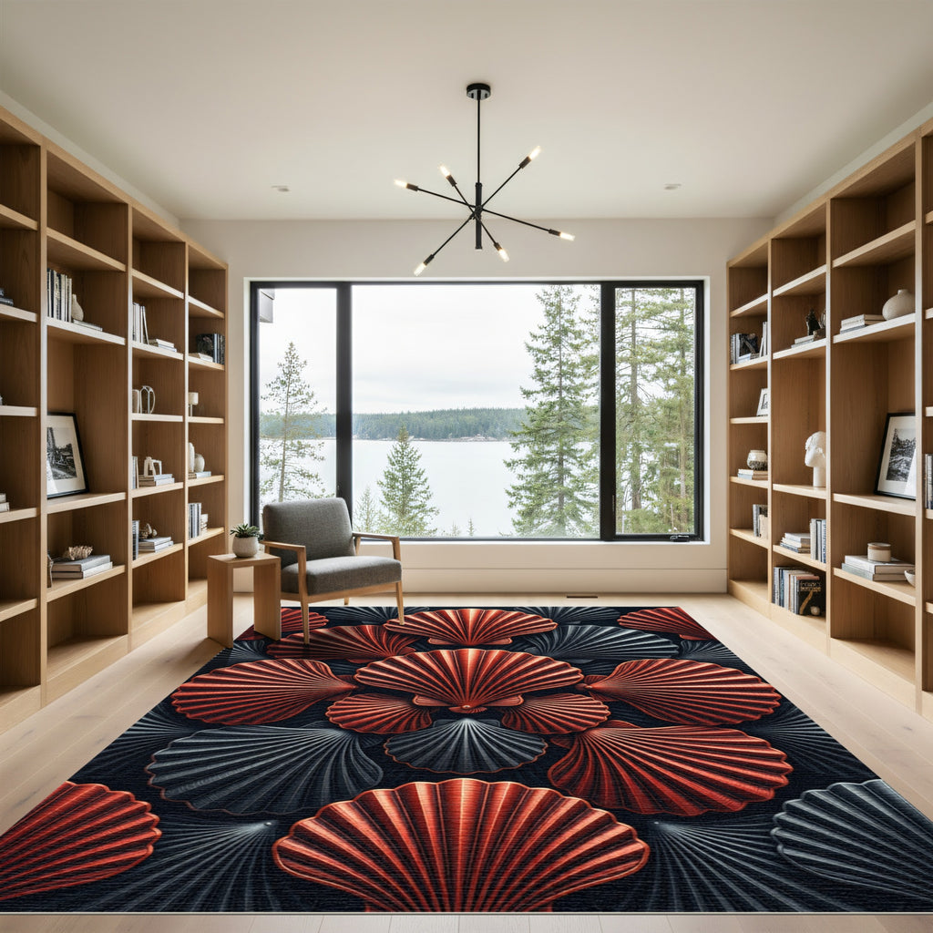 Crimson Grey Shell Collage Statement Rug