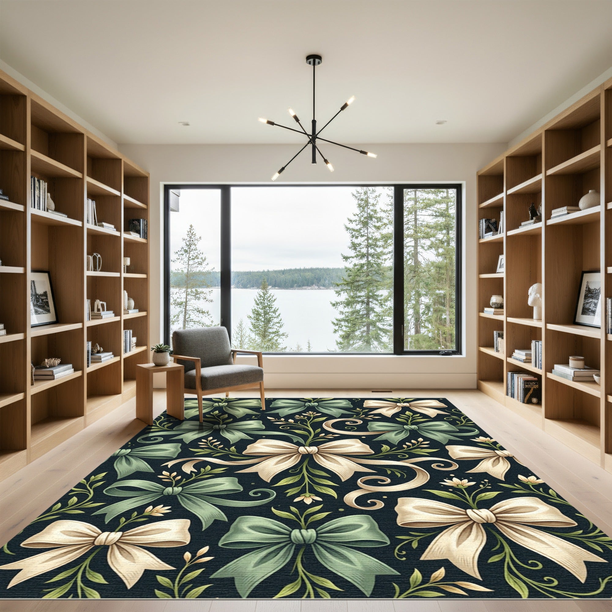 Elegant Sage and Cream Ribbon Floral Rug