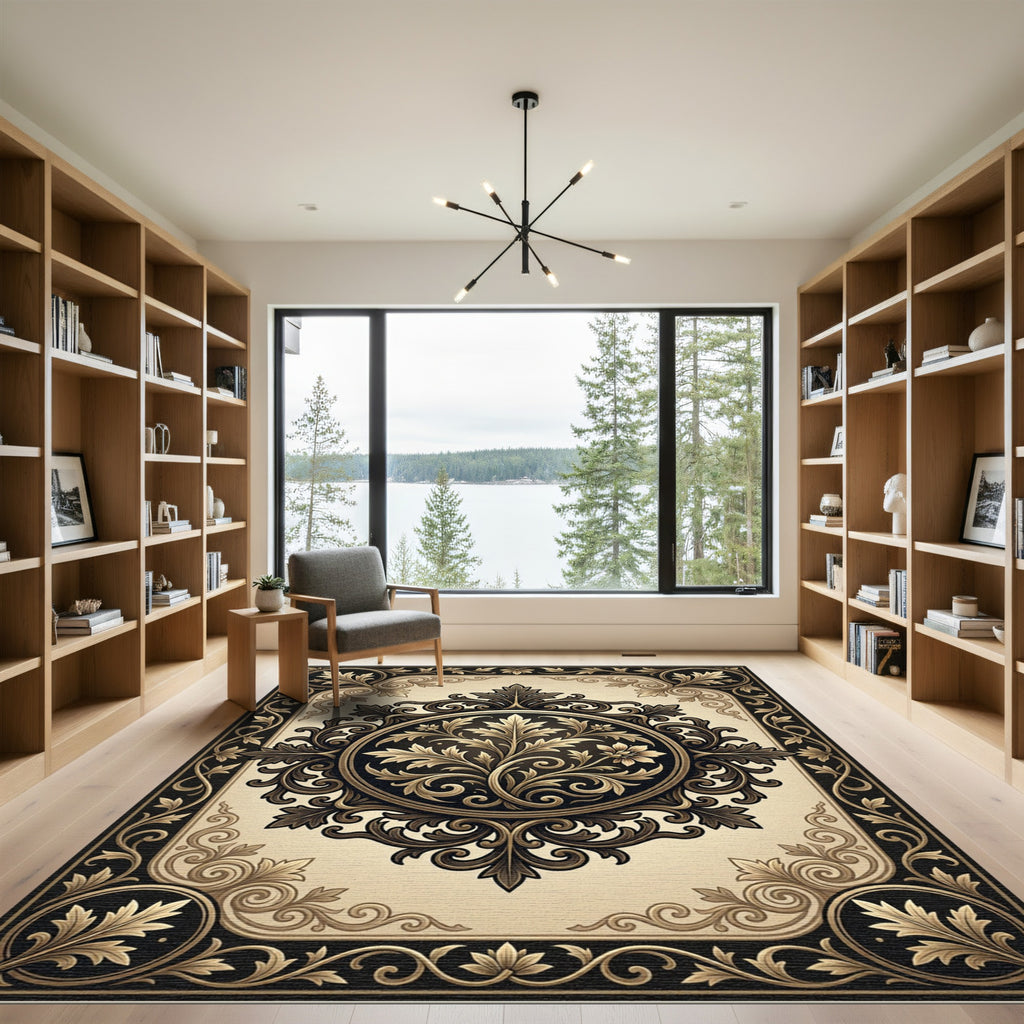 Elegant Black and Gold Acanthus Medallion Rug