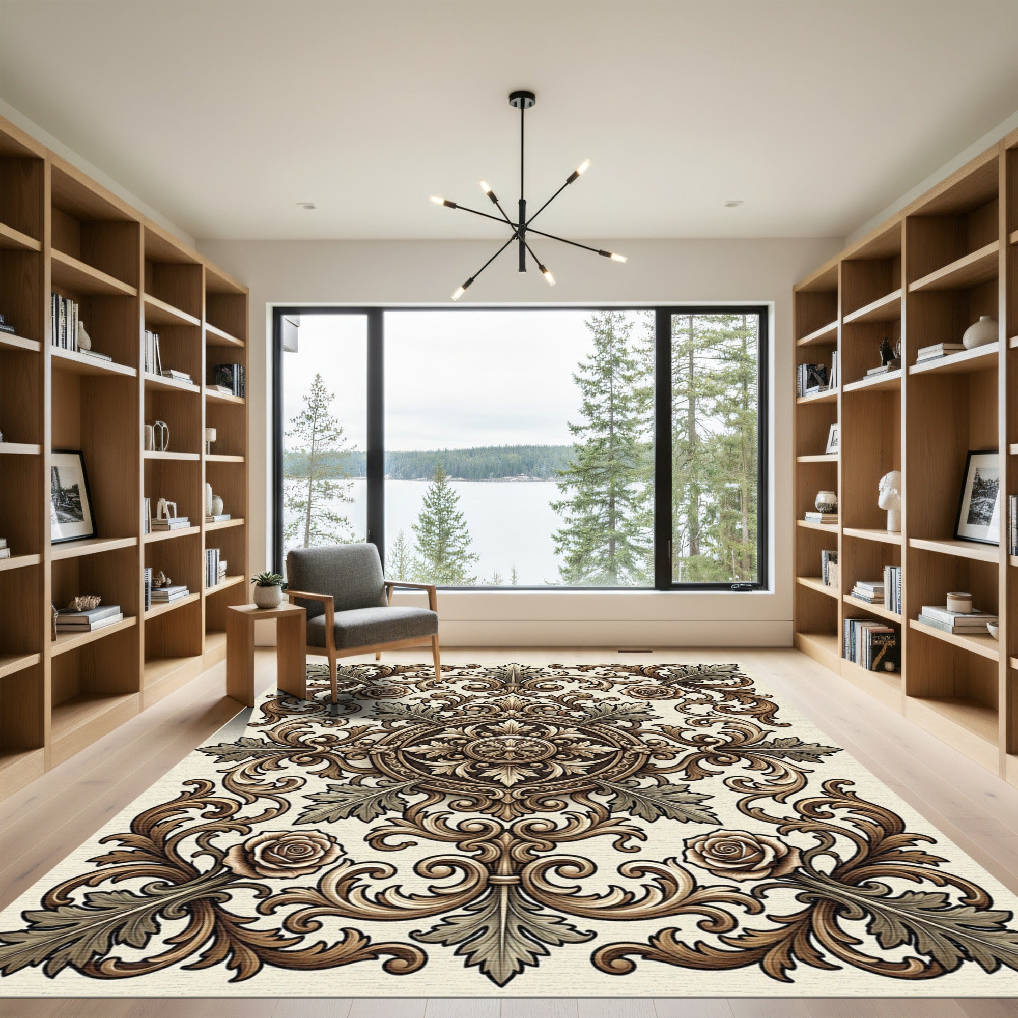 Ornate Brown Rose Foliage Scrollwork Rug