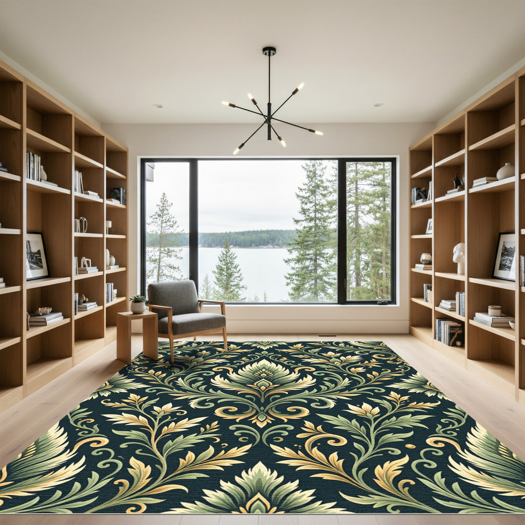Ornate Green Gold Acanthus Scroll Rug