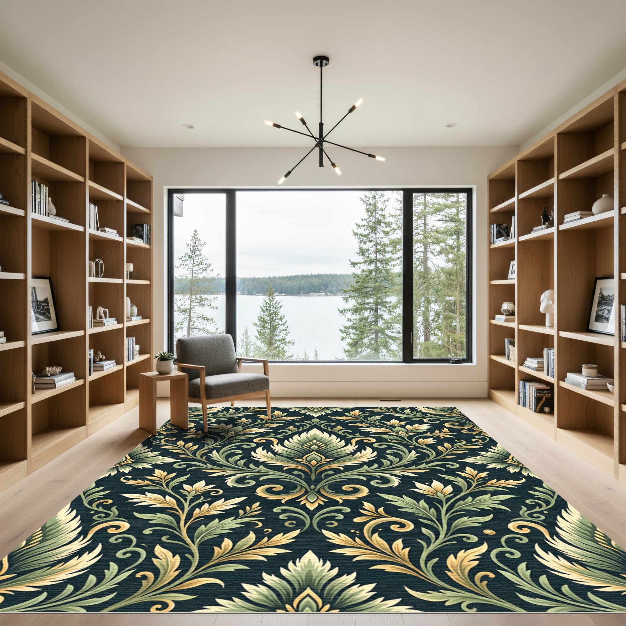 Ornate Green Gold Acanthus Scroll Rug