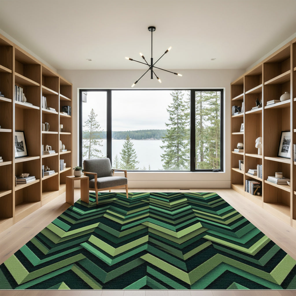 Modern Forest Green Chevron Geometric Rug