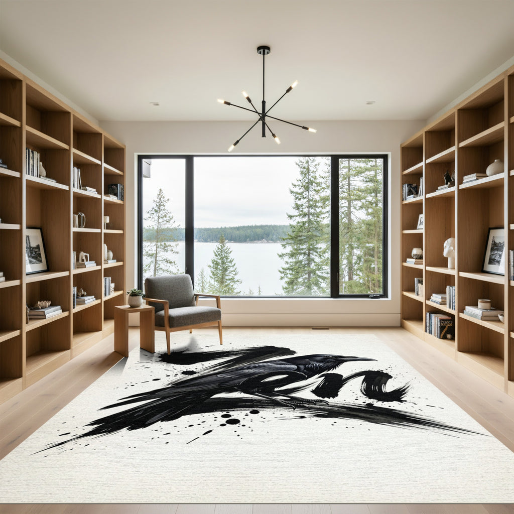Monochrome Zen Raven Ink Wash Illustration Rug