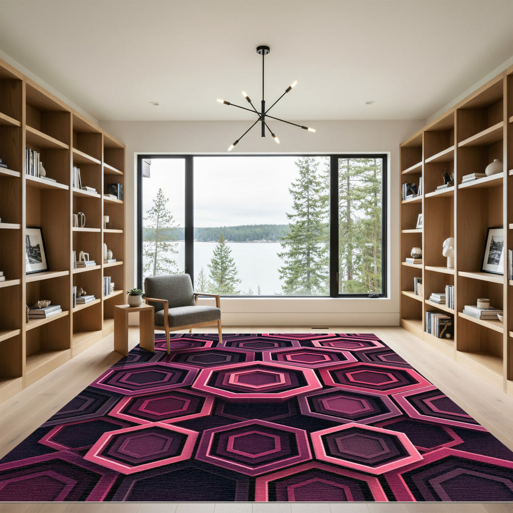 Sophisticated Magenta Geometric Hexagon Layered Rug
