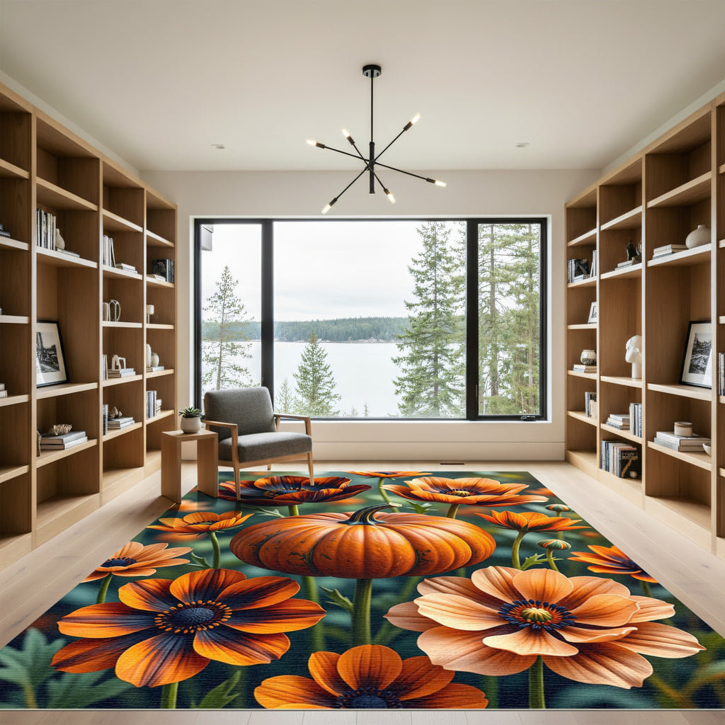 Vibrant Autumn Pumpkin Orange Floral Art Rug