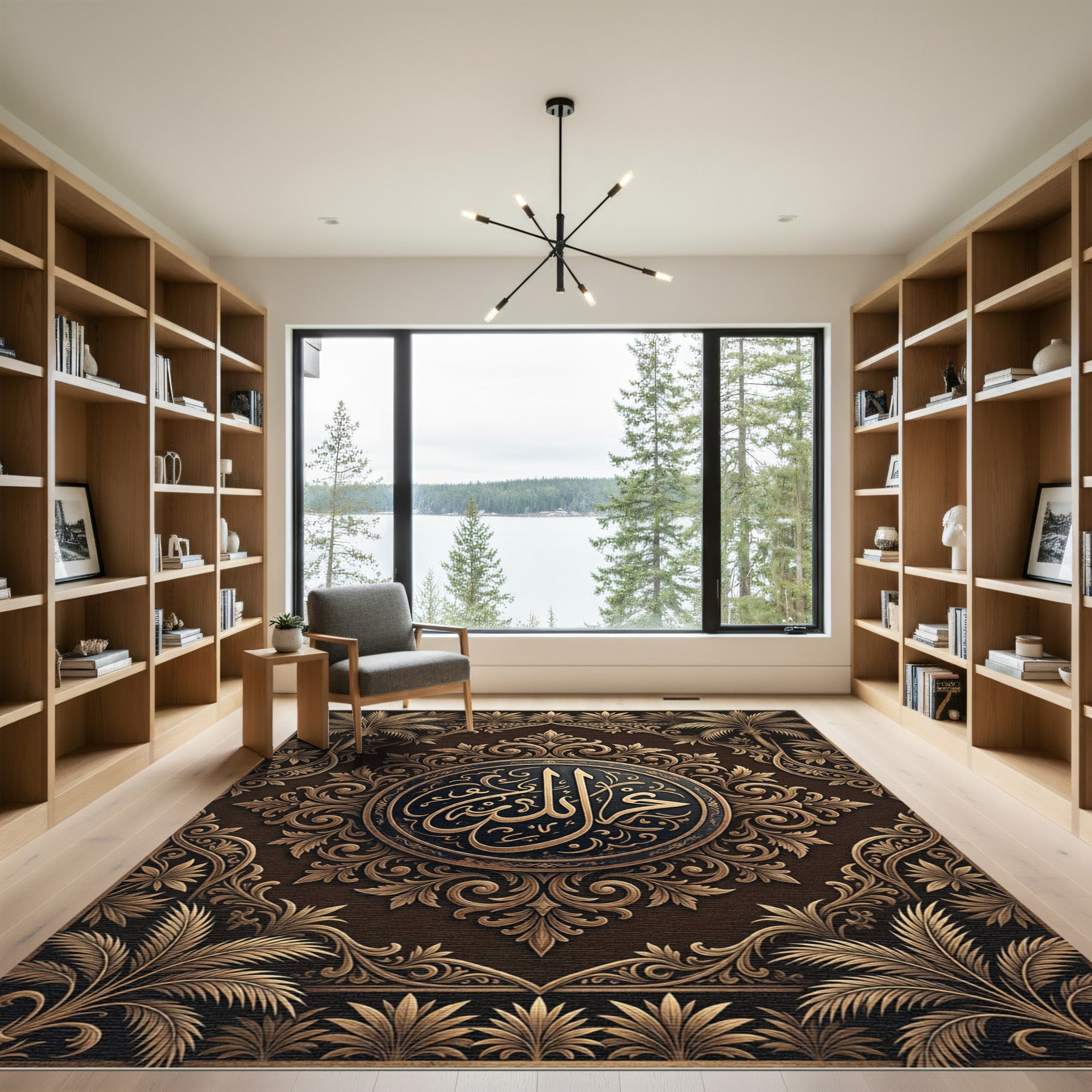 Ornate Bronze Calligraphy Palm Medallion Rug