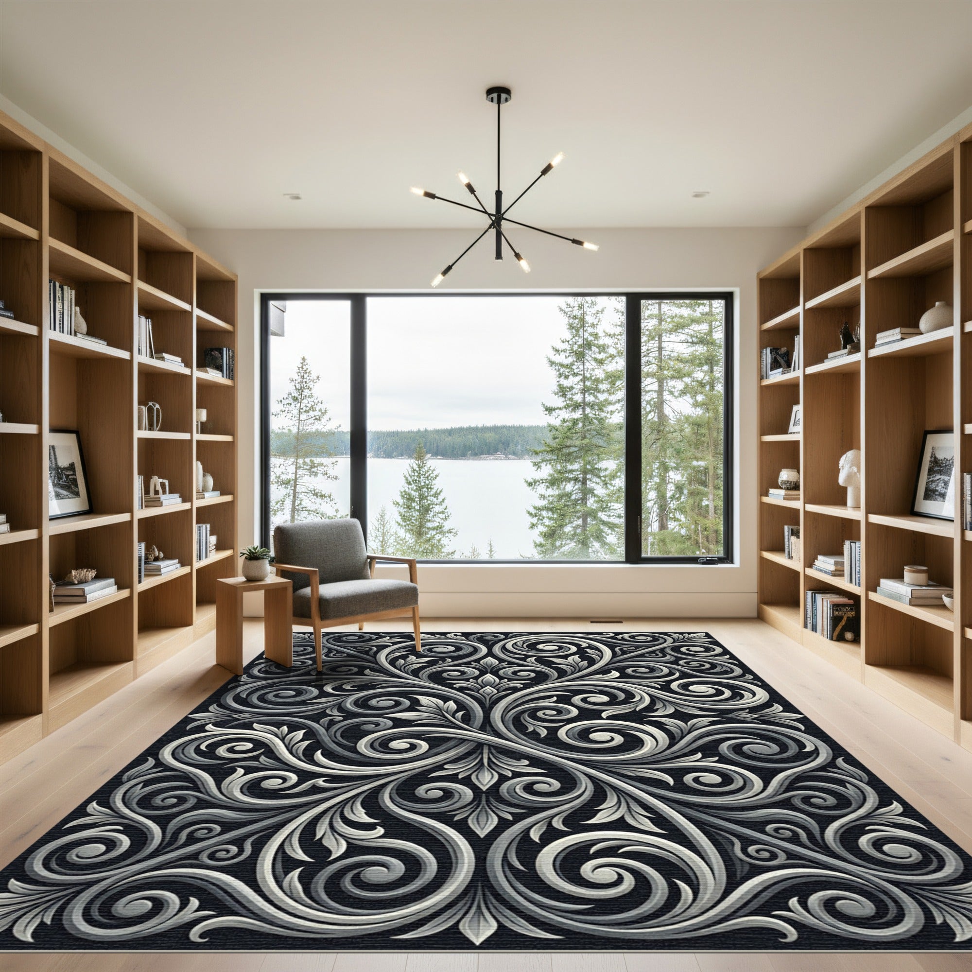 Ornate Grey Scrollwork Flourish Rug