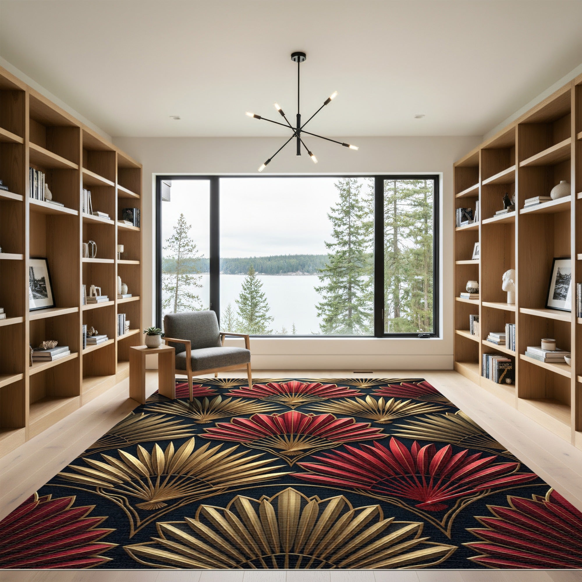 Golden Art Deco Fan Crimson Rug