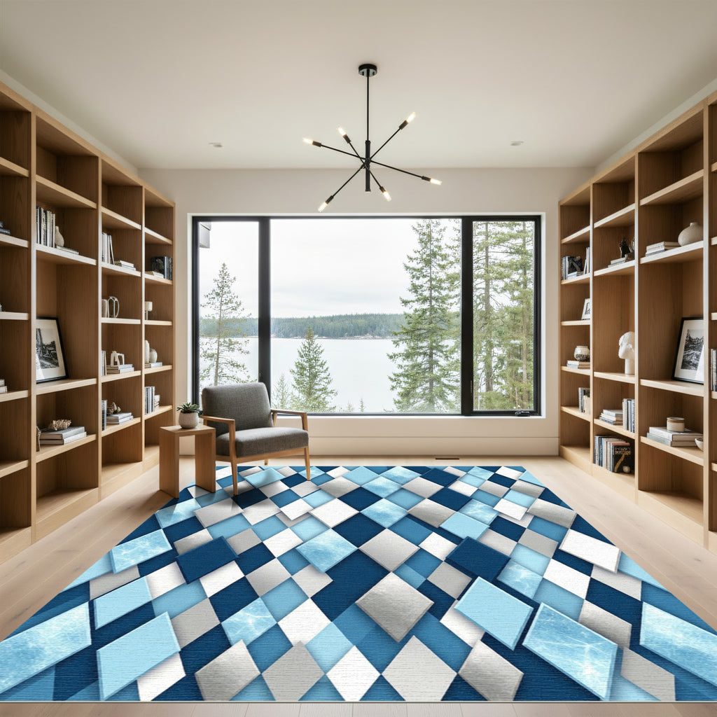 Sophisticated Blue Metallic Geometric Diamond Rug