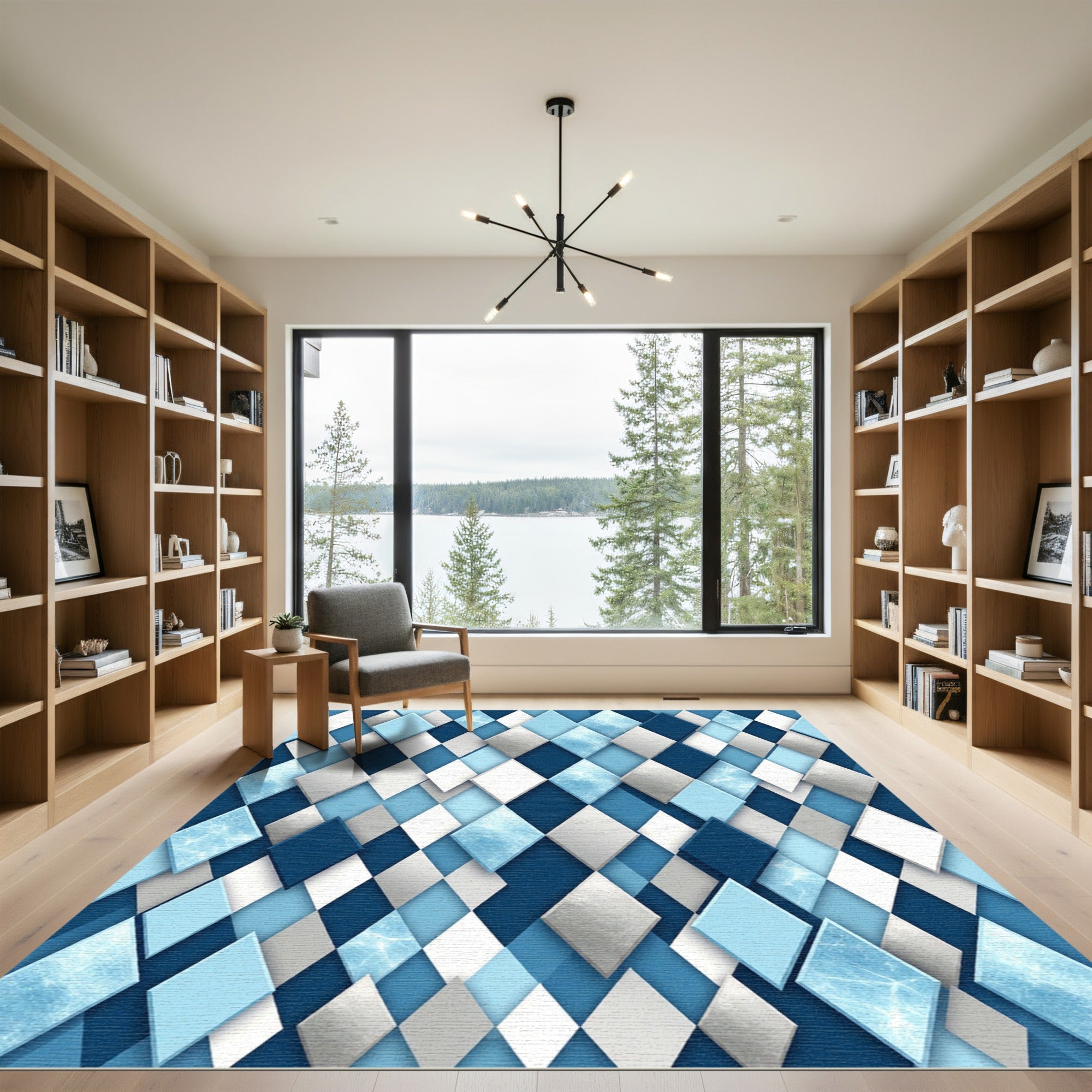 Sophisticated Blue Metallic Geometric Diamond Rug