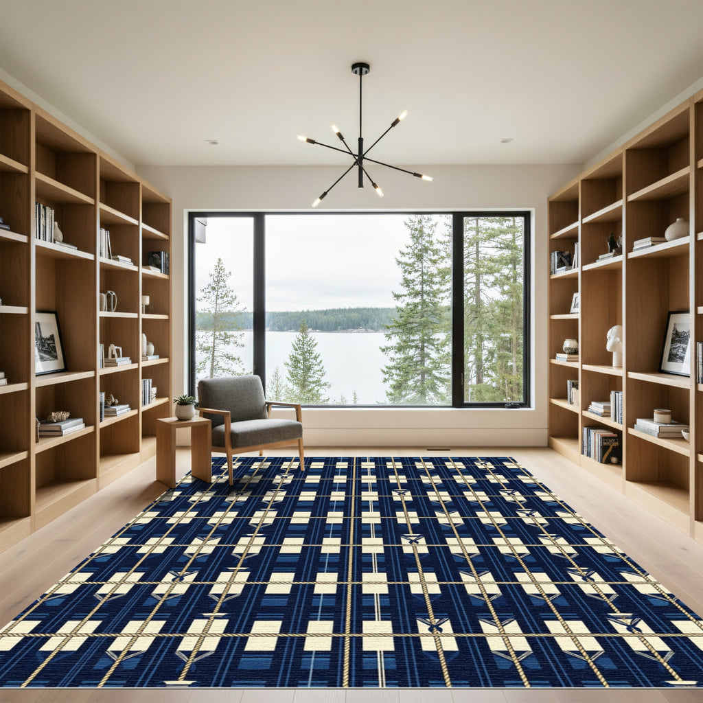 Navy Blue Nautical Grid Rope Lattice Rug