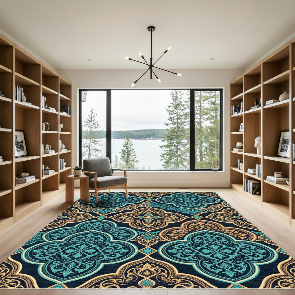 Ornate Teal and Gold Quatrefoil Rug