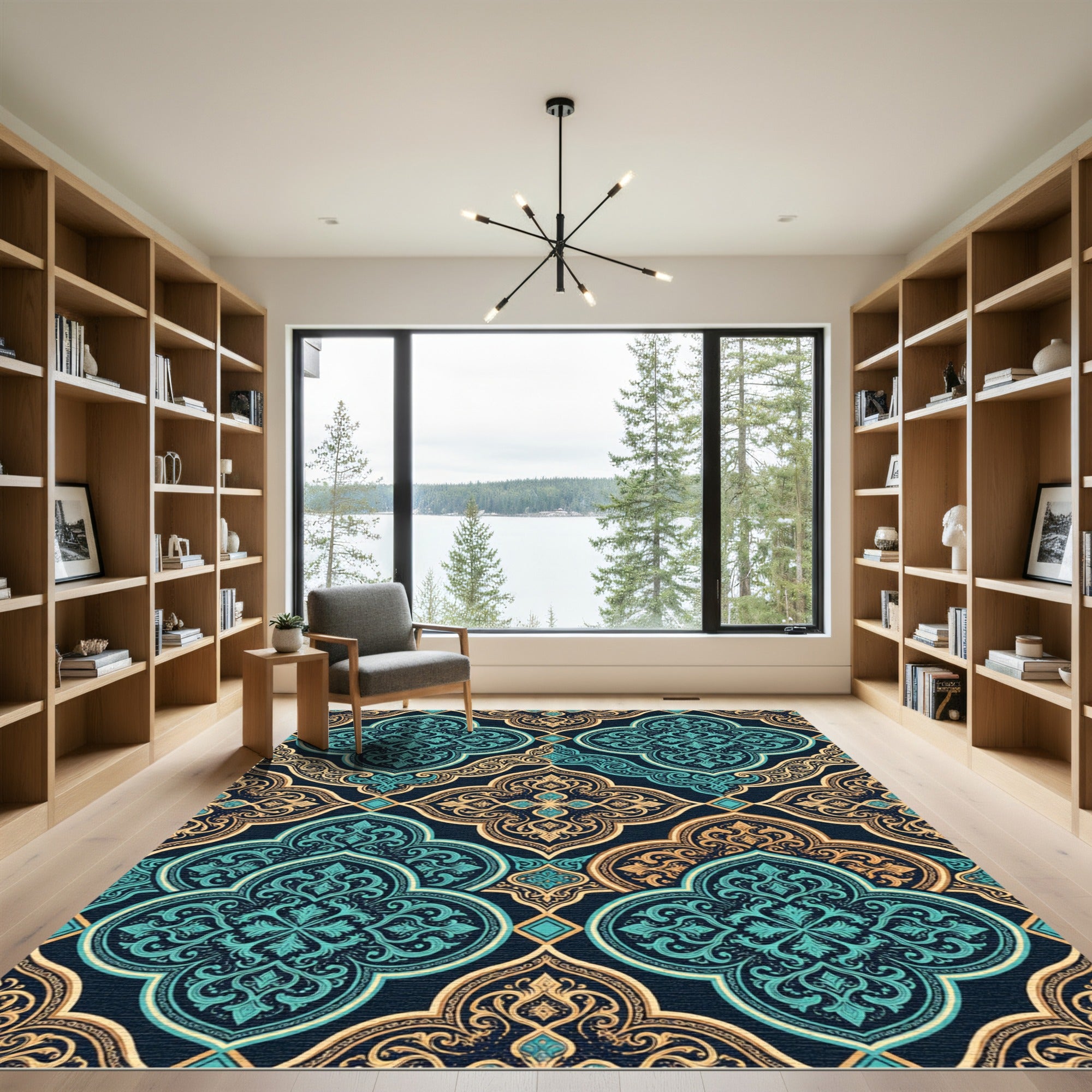 Ornate Teal and Gold Quatrefoil Rug