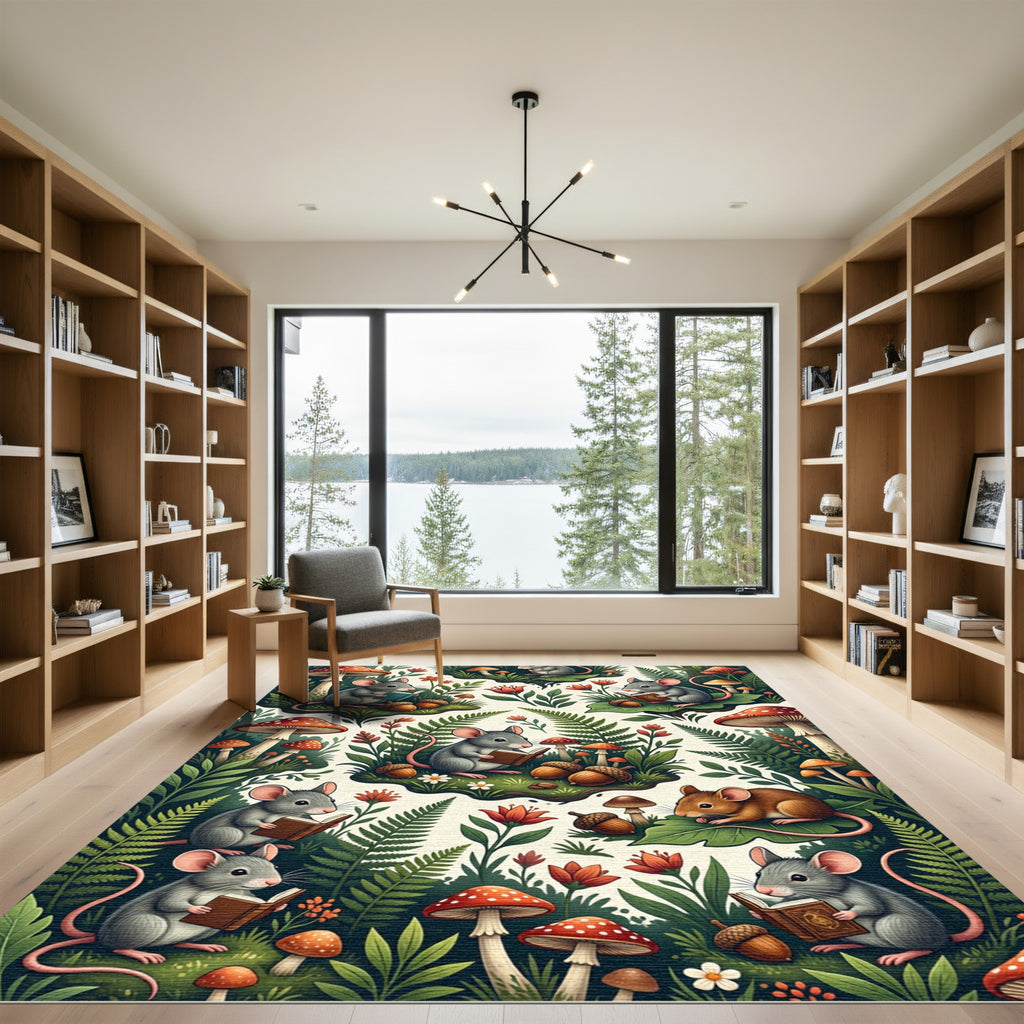 Whimsical Woodland Mouse Reading Forest Tale Rug