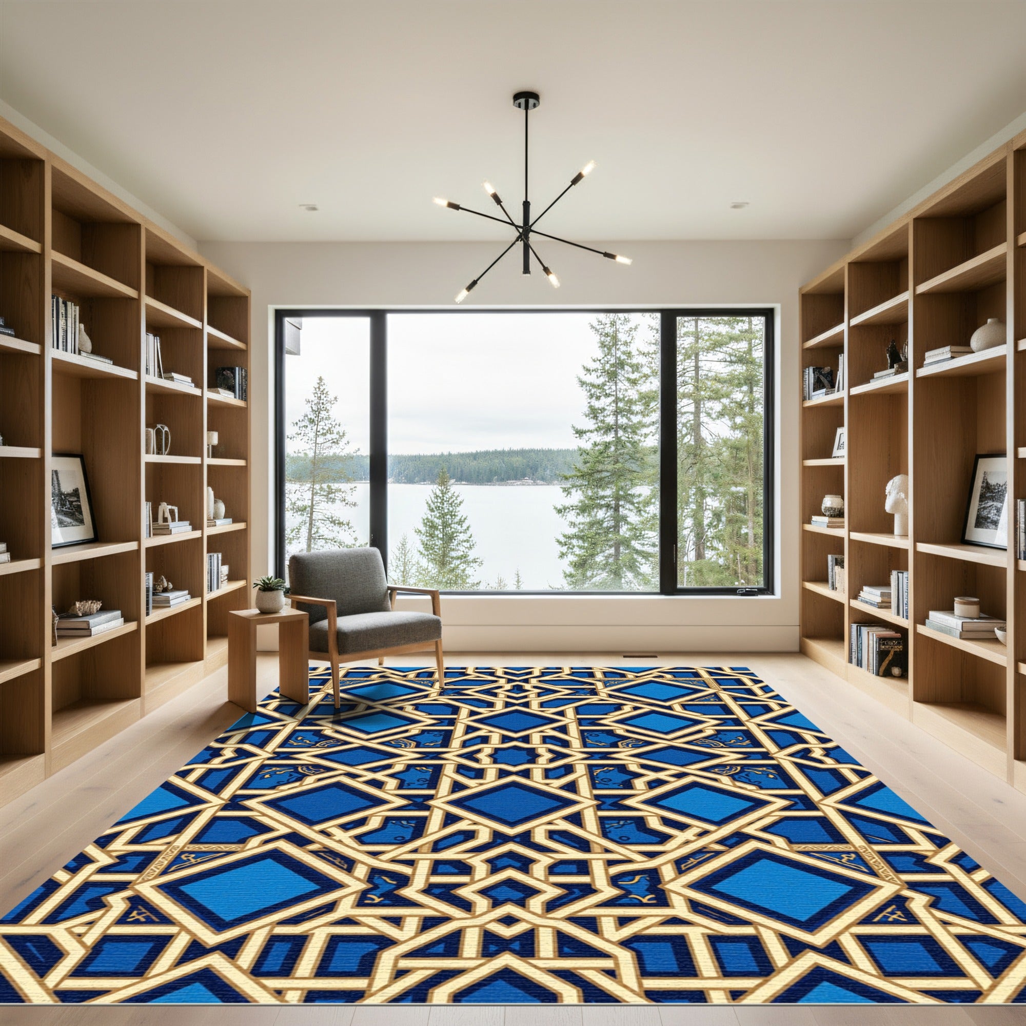 Geometric Blue and Gold Lattice Rug