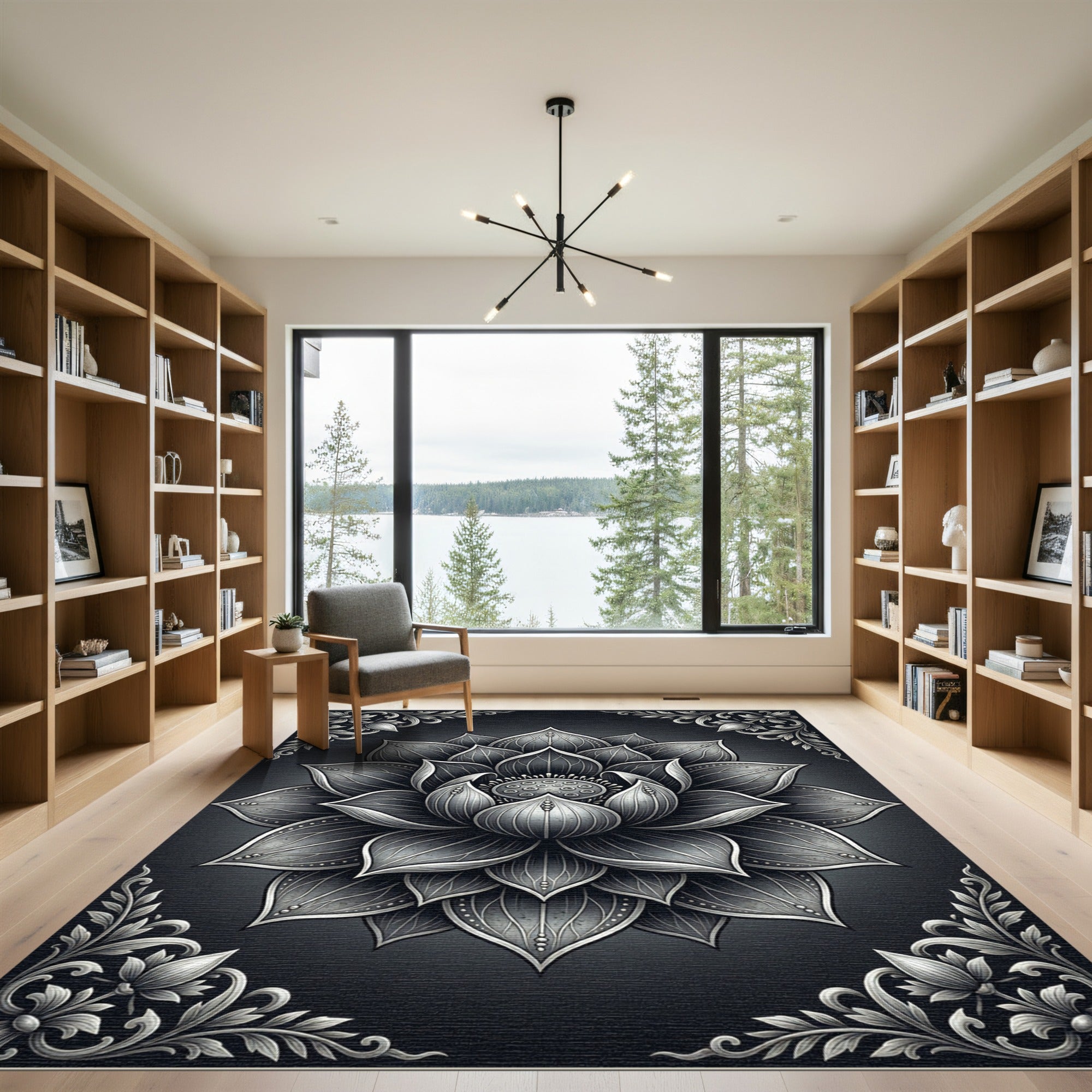 Monochrome Silver Lotus Floral Medallion Rug
