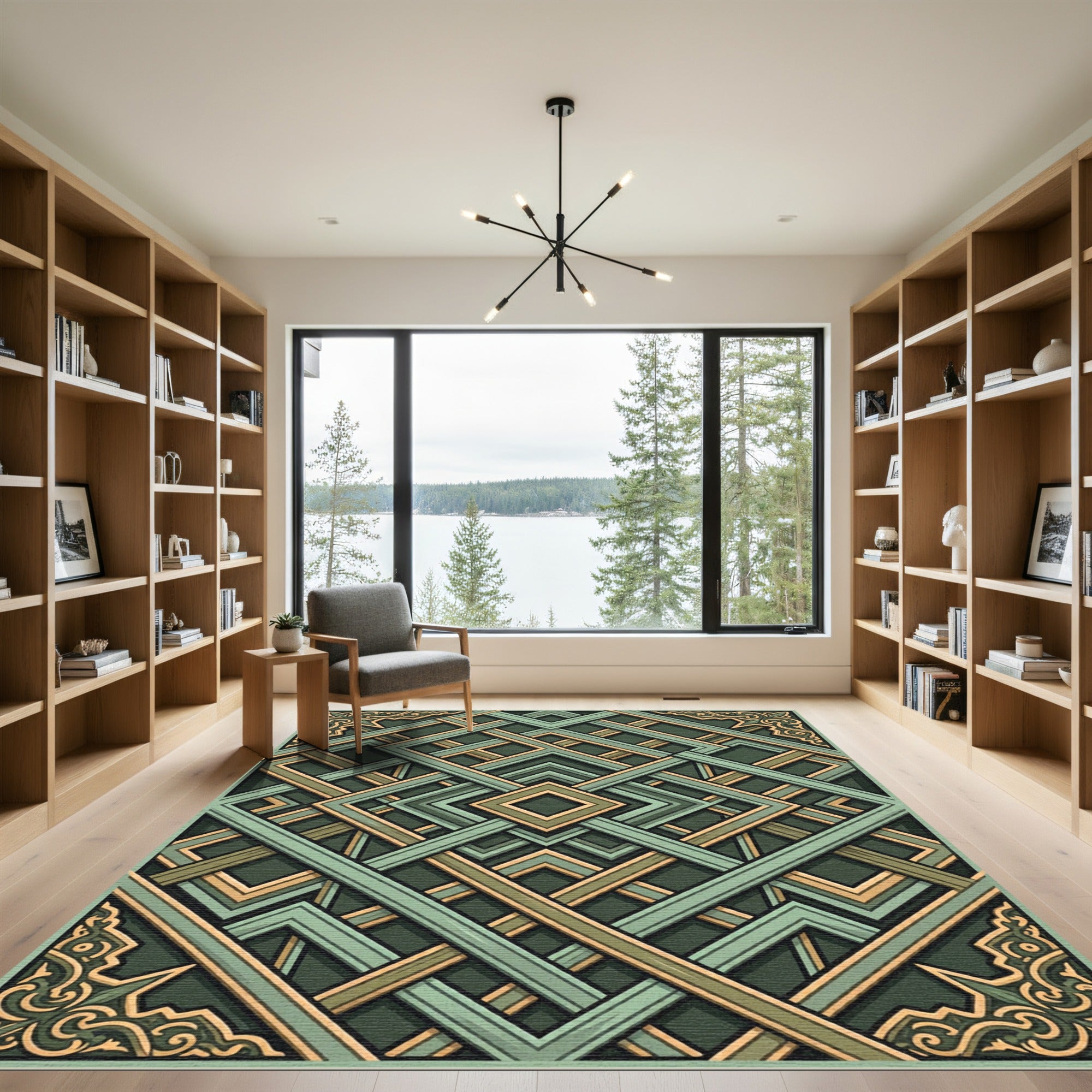 Ornate Sage Green Geometric Lattice Rug