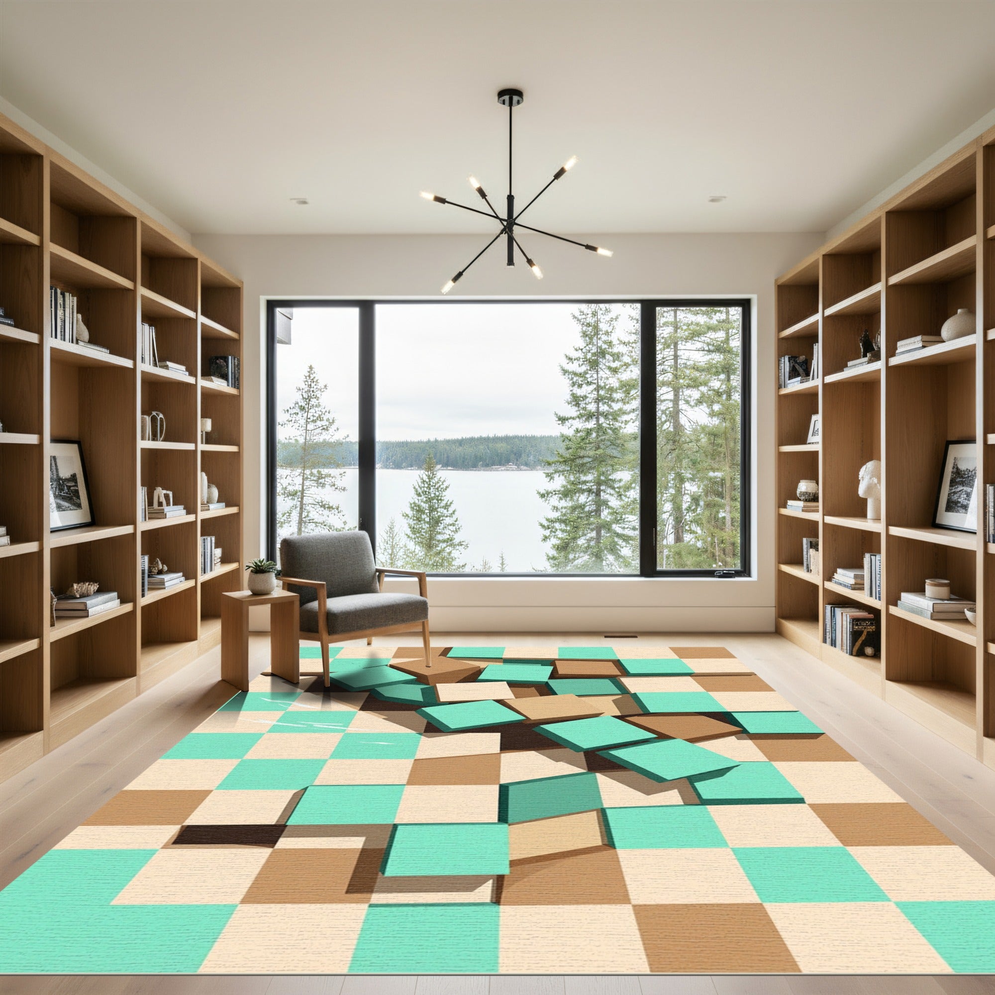 Abstract Geometric Aqua and Tan Blocks Rug