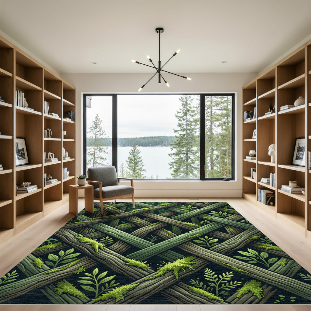 Mossy Overlapping Forest Branch Grid Rug