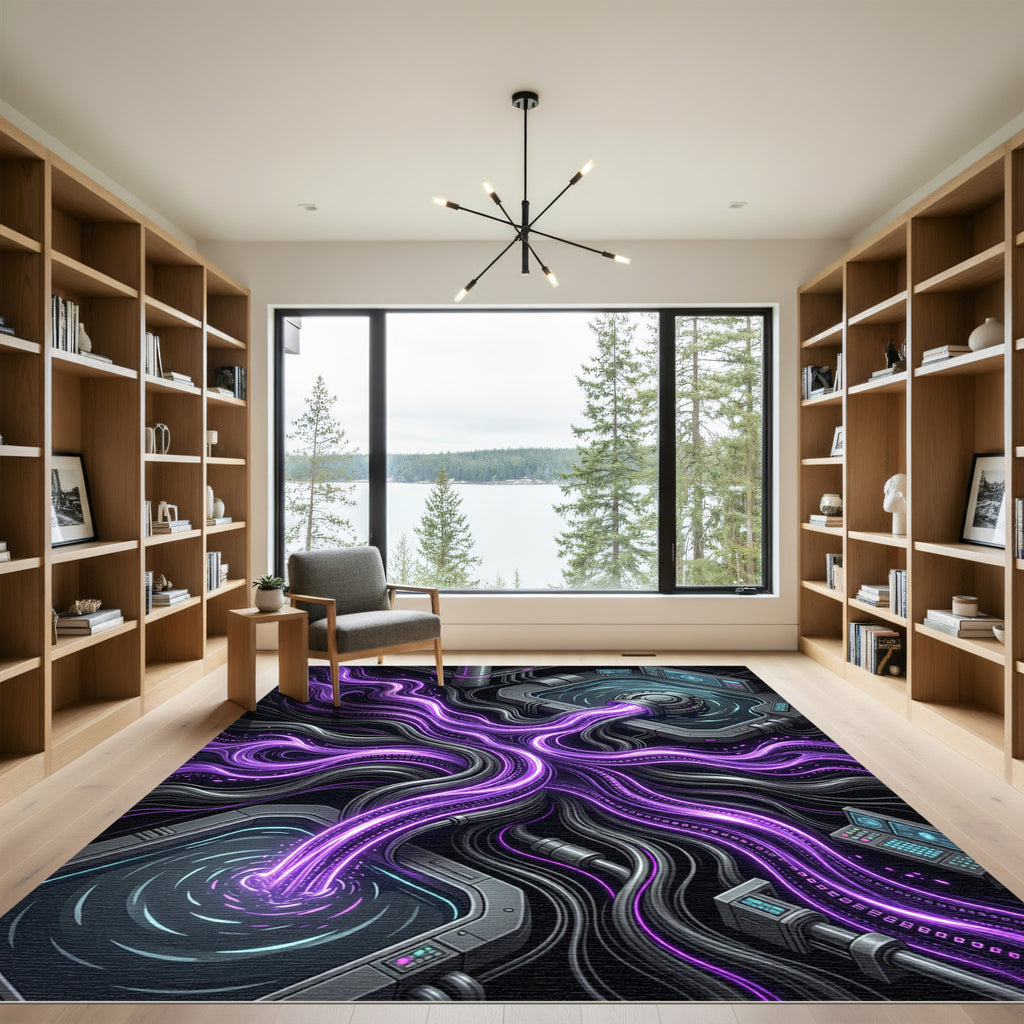 Futuristic Neon Purple Fiber Optic Stream Rug