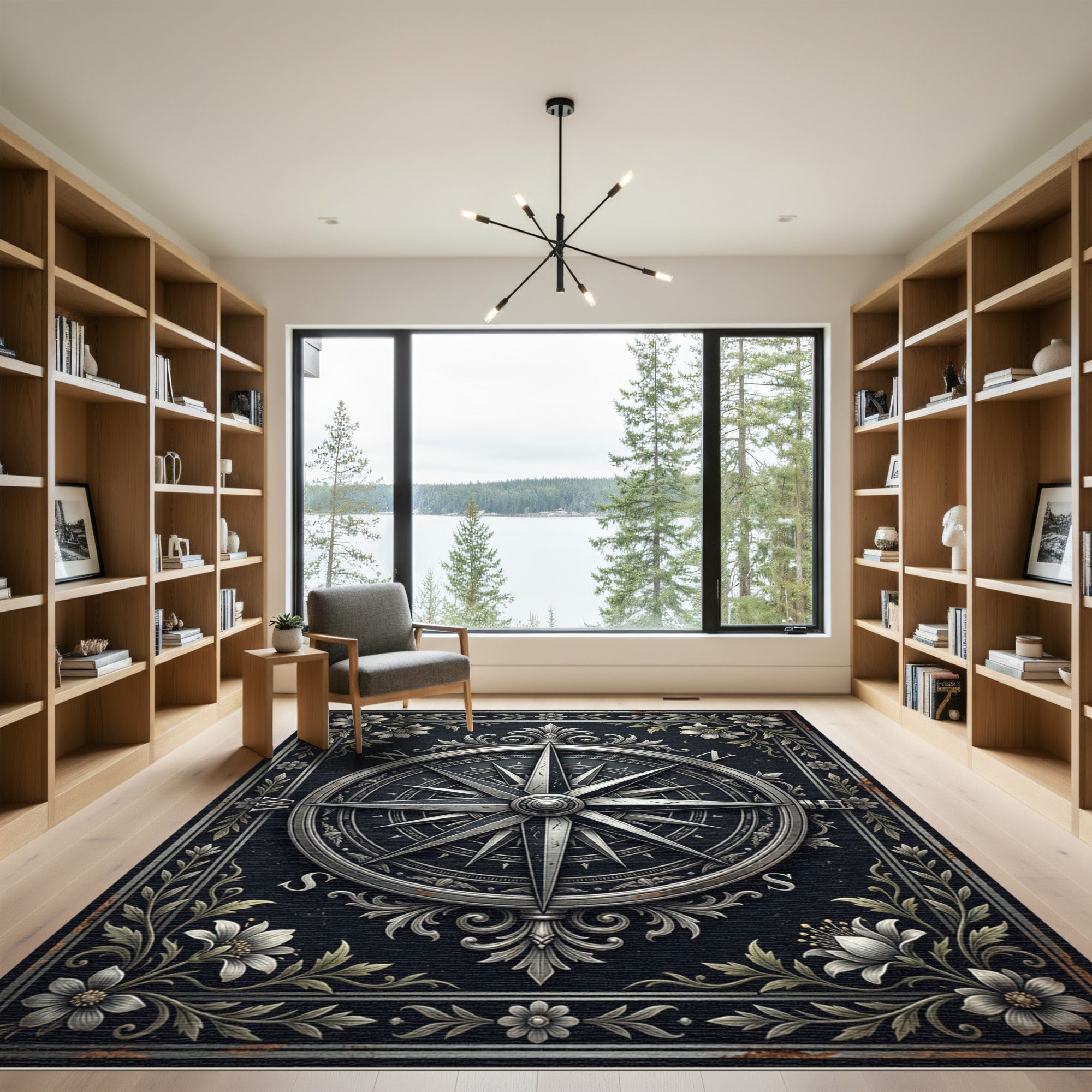 Elegant Silver Compass Floral Medallion Rug
