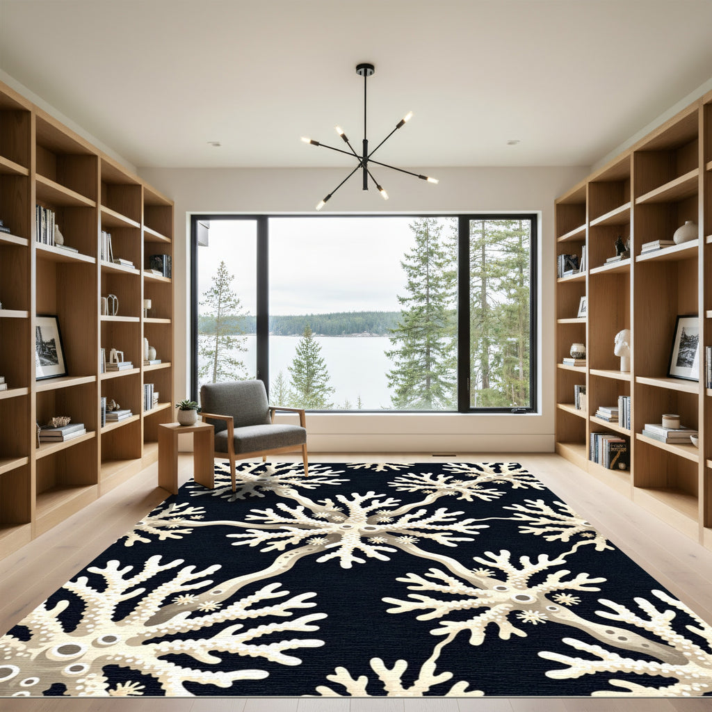 Beige Coral Black Underwater Pattern Rug