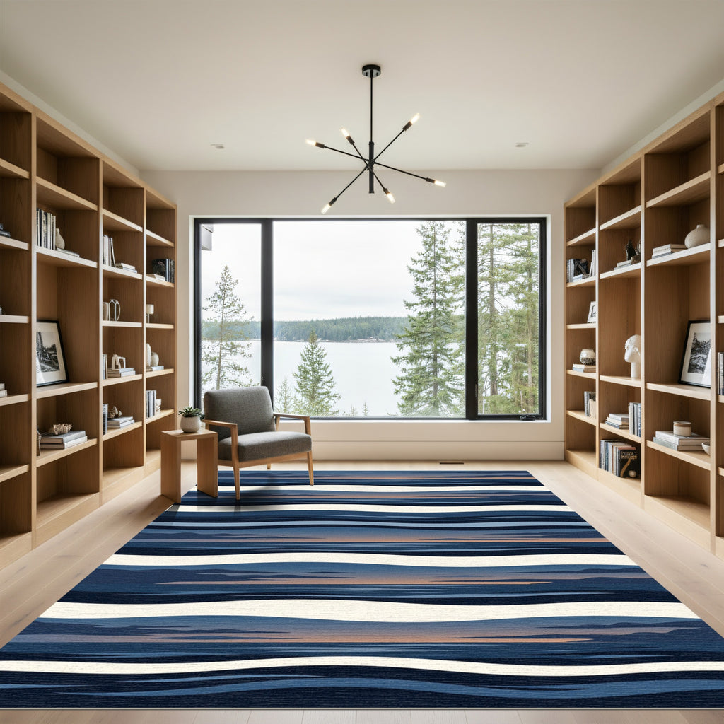 Twilight Horizon Abstract Navy Wave Rug