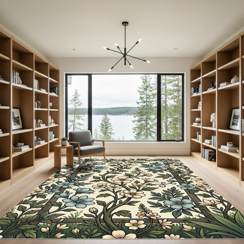 Vintage Blue and Cream Trellis Floral Rug