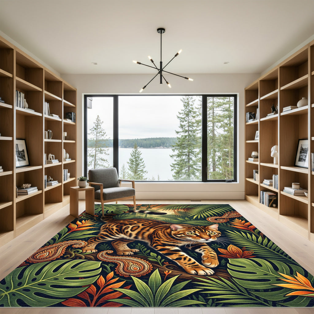 Exotic Bengal Cat Tropical Foliage Art Rug